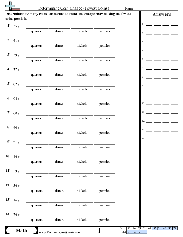 Determining Coin Change (Fewest Coins) Worksheet - Determining Coin Change (Fewest Coins) worksheet